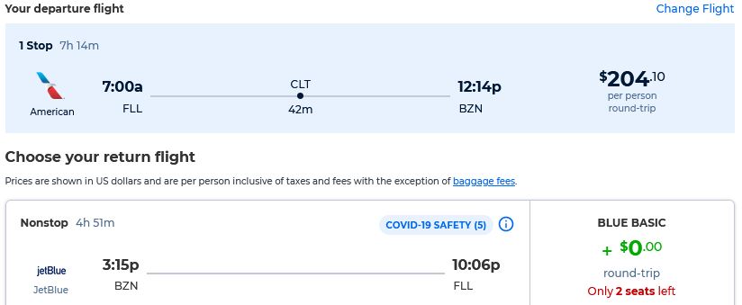 Summer flights from Fort Lauderdale to Bozeman for only $204 roundtrip with JetBlue and American Airlines. Also works in reverse. Flight deal ticket image.