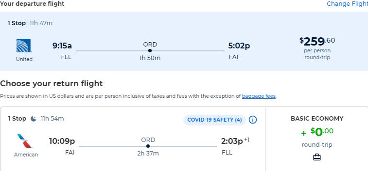 Summer flights from Fort Lauderdale to Fairbanks, Alaska for only $259 roundtrip with American Airlines and United Airlines. Also works in reverse. Flight deal ticket image.