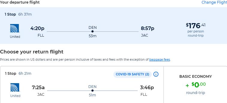 Cheap flights from Fort Lauderdale to Jackson Hole, Wyoming for only $176 roundtrip with United Airlines. Also works in reverse. Flight deal ticket image.