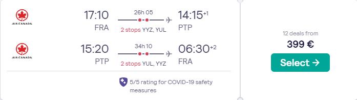Click here to book this cheap flight deal. Christmas flights from Frankfurt, Germany to Guadeloupe for only €399 roundtrip with Air Canada. Flight deal ticket image.