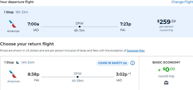 Click here to book this cheap flight deal. Cheap flights from Washington DC to Fairbanks, Alaska for only $259 roundtrip with American Airlines. Also works in reverse. Flight deal ticket image.