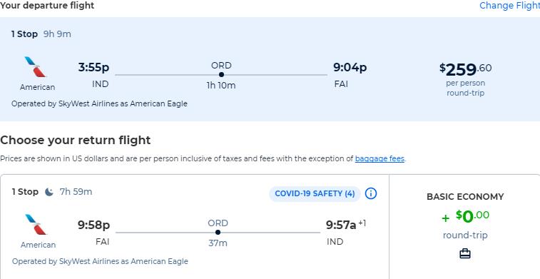 Summer flights from Indianapolis to Fairbanks, Alaska for only $259 roundtrip with Amerrican Airlines. Also works in reverse. Flight deal ticket image.