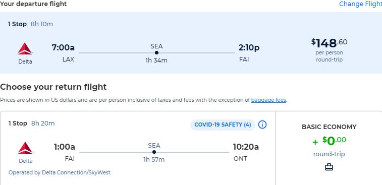 Non-stop, summer flights from Los Angeles to Fairbanks, Alaska for only $148 roundtrip with Delta Air Lines. Also works in reverse. Flight deal ticket image.