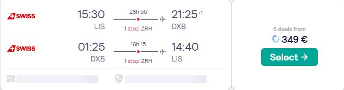 Cheap flights from Lisbon, Portugal to Dubai, UAE for only €349 roundtrip with Swiss International Air Lines. Flight deal ticket image.