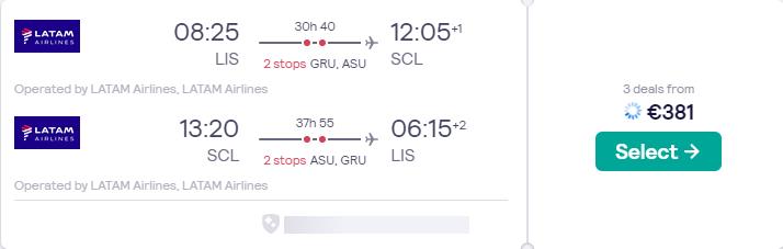 Cheap flights from Lisbon, Portugal to Santiago, Chile for only €381 roundtrip with LATAM Airlines. Flight deal ticket image.
