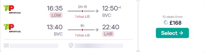 Cheap flights from London or Manchester, UK to Boa Vista, Cape Verde from only £168 roundtrip with TAP Air Portugal. Flight deal ticket image.