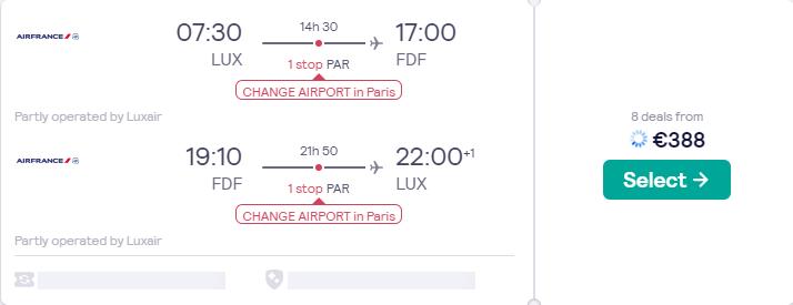 Cheap flights from Luxembourg to Martinique for only €388 roundtrip with Air France. Flight deal ticket image.