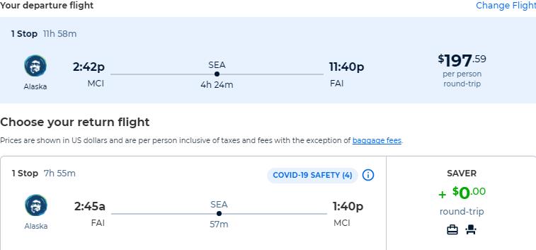 Summer flights from Kansas City to Fairbanks, Alaska for only $197 roundtrip with Alaska Airlines. Also works in reverse. Flight deal ticket image.