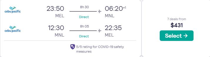 Non-stop flights from Melbourne, Australia to Manila, Philippines for only $431 AUD roundtrip. Flight deal ticket image.