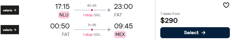 Click here to book this cheap flight deal. Summer flights from Mexico City, Mexico to Fresno, California for only $290 USD roundtrip. Flight deal ticket image.