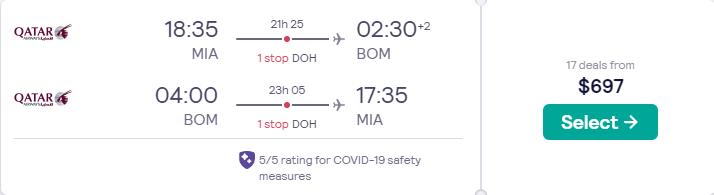 Cheap flights from Miami to Mumbai, India for only $695 roundtrip with Qatar Airways. Flight deal ticket image.