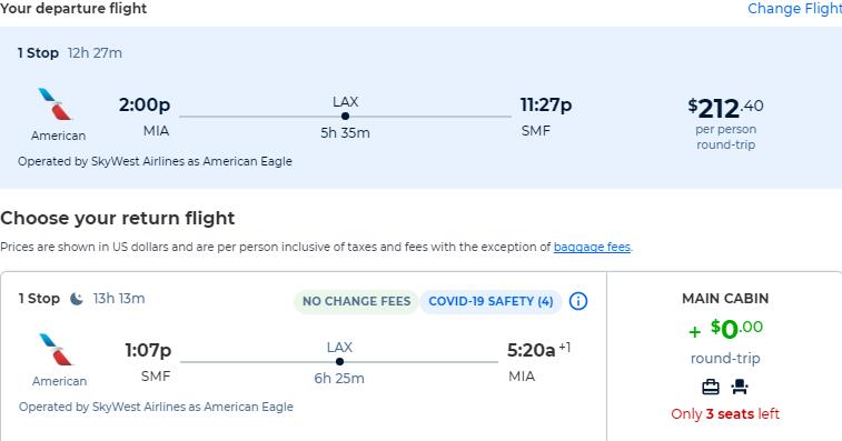 Cheap flights from Miami to Sacramento, California for only $212 roundtrip with American Airlines. Also works in reverse. Flight deal ticket image.
