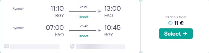 Non-stop, summer flights from Milan, Italy to Faro, Portugal for only €11 roundtrip. Flight deal ticket image.