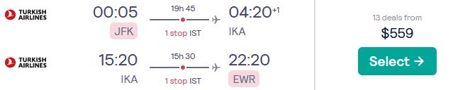 Cheap flights from New York to Tehran, Iran for only $559 roundtrip with Turkish Airlines. Flight deal ticket image.