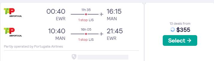 Click here to book this cheap flight deal. Cheap flights from US cities to Manchester, UK from only $355 roundtrip with TAP Air Portugal. Flight deal ticket image.