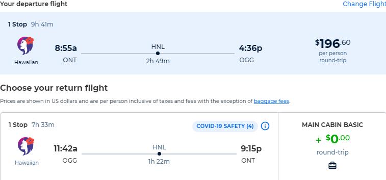 Cheap flights from Ontario, California to Kahului, Hawaii for only $196 roundtrip with Hawaiian Airlines. Also works in reverse. Flight deal ticket image.