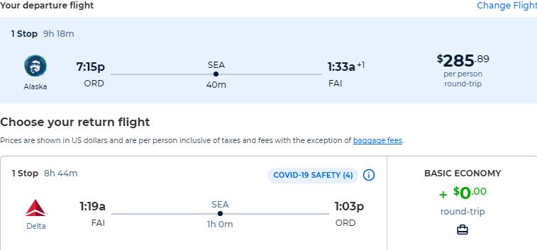Cheap flights from Chicago to Fairbanks, Alaska for only $285 roundtrip with Delta Air Lines. Also works in reverse. Flight deal ticket image.