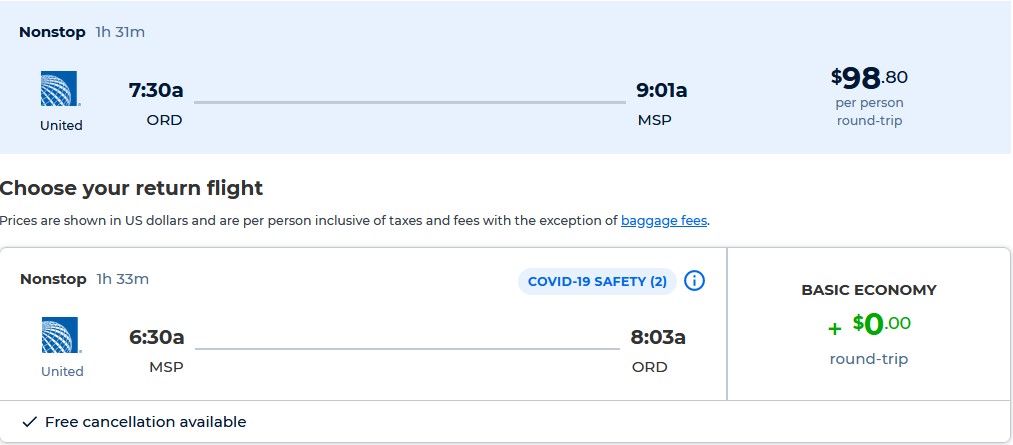 Non-stop flights from Chicago to Minneapolis for only $98 roundtrip with United Airlines. Also works in reverse. Flight deal ticket image.