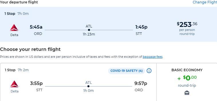 Click here to book this cheap flight deal. Non-stop, summer flights from Chicago to the US Virgin Islands for only $253 roundtrip with Delta Air Lines. Flight deal ticket image.