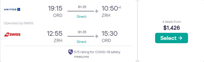 Business Class, summer flights from Chicago to Zurich, Switzerland for only $1426 roundtrip with Swiss International Air Lines. Flight deal ticket image.