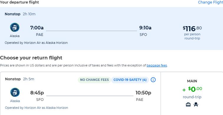 Non-stop, summer flights from Everett to San Francisco for only $116 roundtrip with Alaska Airlines. Also works in reverse. Flight deal ticket image.