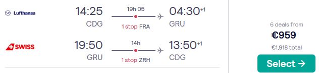 Business Class flights from Paris, France to worldwide destinations from only €959 roundtrip with Lufthansa and Swiss International Air Lines. Flight deal ticket image.