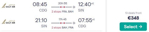 Cheap flights from French cities to Singapore from only €348 roundtrip. Flight deal ticket image.