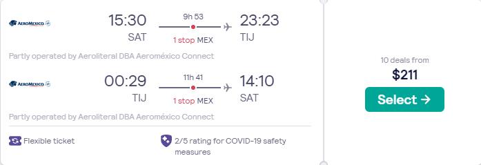Cheap flights from Texas cities to Tijuana, Mexico from only $211 roundtrip with Aeromexico. Flight deal ticket image.