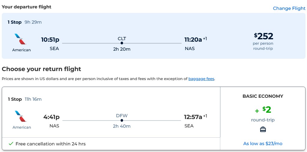 Cheap flights from Seattle to the Bahamas for only $252 roundtrip with American Airlines. Flight deal ticket image.
