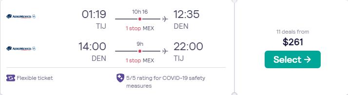 Summer flights from Tijuana, Mexico to Denver, Colorado for only $261 USD roundtrip with Aeromexico. Flight deal ticket image.