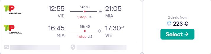 Cheap flights from Vienna, Austria to Miami, USA for only €223 roundtrip with TAP Air Portugal. Flight deal ticket image.