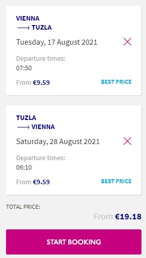 Non-stop flights from Vienna, Austria to Tuzla, Bosnia and Herzegovina for only €19 roundtrip. Flight deal ticket image.