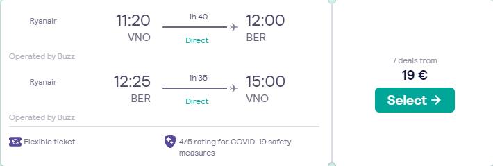 Non-stop flights from Vilnius, Lithuania to Berlin, Germany for only €19 roundtrip. Flight deal ticket image.