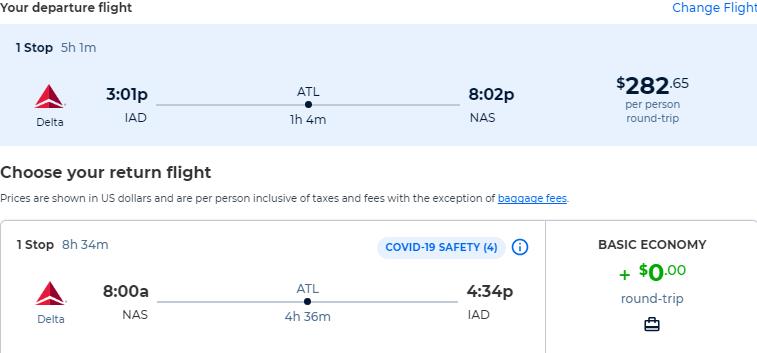 Click here to book this cheap flight deal. Cheap from Philadelphia or Washington DC to the Bahamas for only $282 roundtrip with Delta Air Lines. Flight deal ticket image.