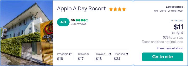 Stay at the 4* Apple A Day Resort in Krabi, Thailand for only $11 USD per night. Flight deal ticket image.