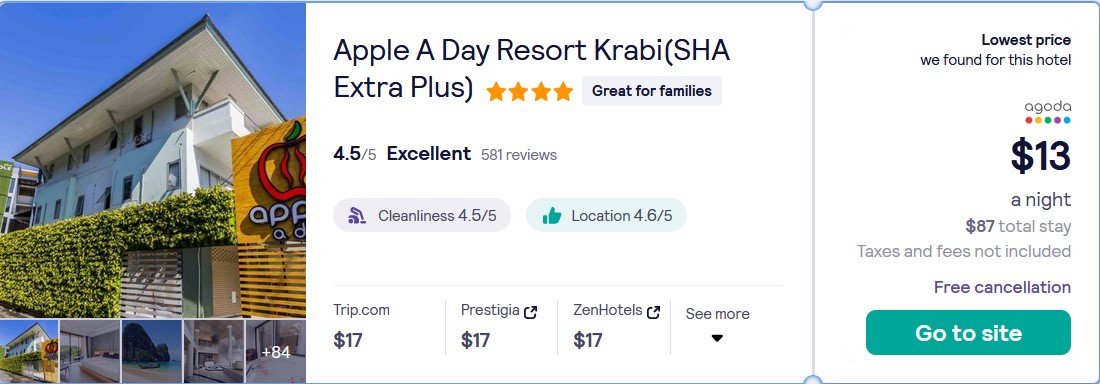 Stay at the 4* Apple A Day Resort Krabi(SHA Extra Plus) in Krabi, Thailand for only $13 USD per night. Flight deal ticket image.