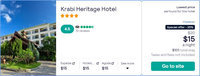 Stay at the 4* Krabi Heritage Hotel in Krabi, Thailand for only $15 USD per night. Flight deal ticket image.