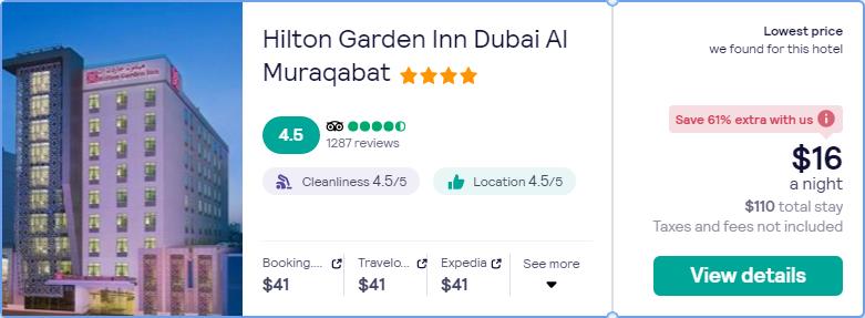 Stay at the 4* Hilton Garden Inn Dubai Al Muraqabat in Dubai, UAE for only $16 USD per night. Flight deal ticket image.