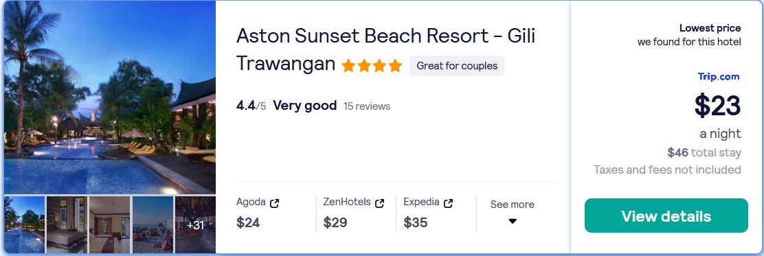 Stay at the 4* Aston Sunset Beach Resort - Gili Trawangan in Indonesia for only $23 USD per night. Flight deal ticket image.