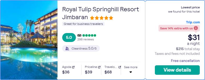Stay at the 5* Royal Tulip Springhill Resort Jimbaran in Bali, Indonesia for only $31 USD per night. Flight deal ticket image.