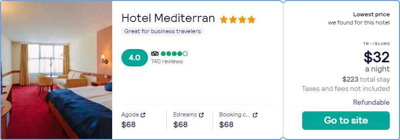 Stay at the 4* Hotel Mediterran in Budapest, Hungary for only $32 USD per night. Flight deal ticket image.