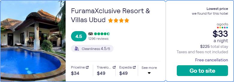 Stay at the 4* FuramaXclusive Resort & Villas Ubud in Bali, Indonesia for only $33 USD per night. Flight deal ticket image.