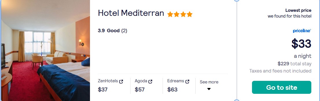 Stay at the 4* Hotel Mediterran in Budapest, Hungary for only $33 USD per night. Flight deal ticket image.