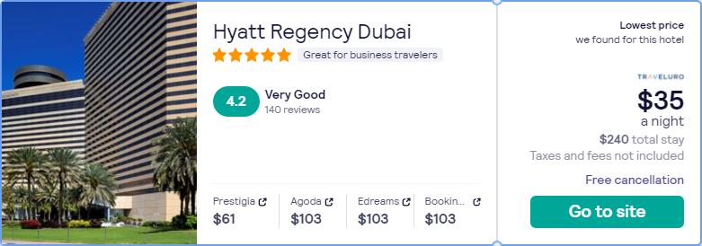 Click here to book this cheap flight deal. Stay at the 5* Hyatt Regency Dubai in Dubai, UAE for only $35 USD per night. Flight deal ticket image.