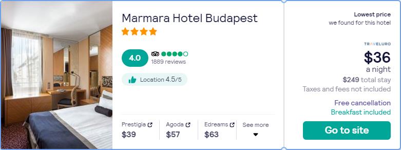 Click here to book this cheap flight deal. Stay at the 4* Marmara Hotel Budapest in Budapest, Hungary for only $36 USD per night. Flight deal ticket image.
