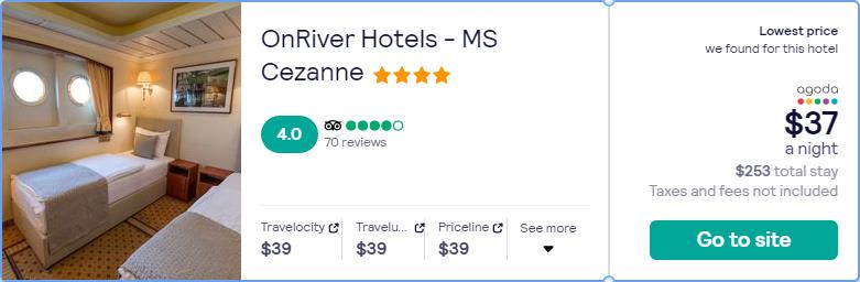 Stay at the 4* OnRiver Hotels - MS Cezanne in in Budapest, Hungary for only $37 USD per night. Flight deal ticket image.