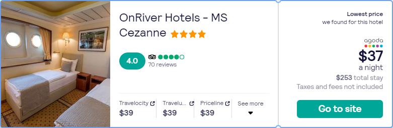 Click here to book this cheap flight deal. Stay at the 4* OnRiver Hotels - MS Cezanne in in Budapest, Hungary for only $37 USD per night. Flight deal ticket image.
