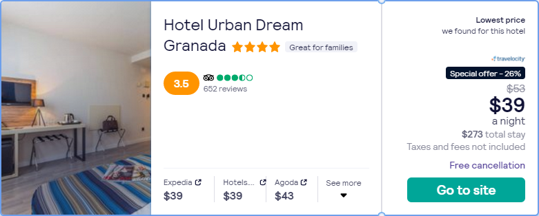Stay at the 4* Hotel Urban Dream Granada in Granada, Spain for only $39 USD per night. Flight deal ticket image.