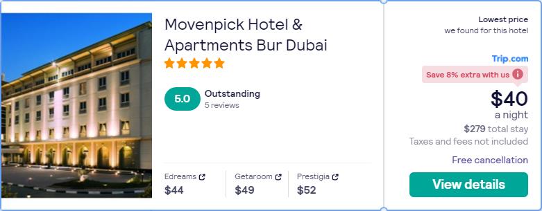 Stay at the 5* Movenpick Hotel & Apartments Bur Dubai in Dubai, UAE for only $40 USD per night. Flight deal ticket image.