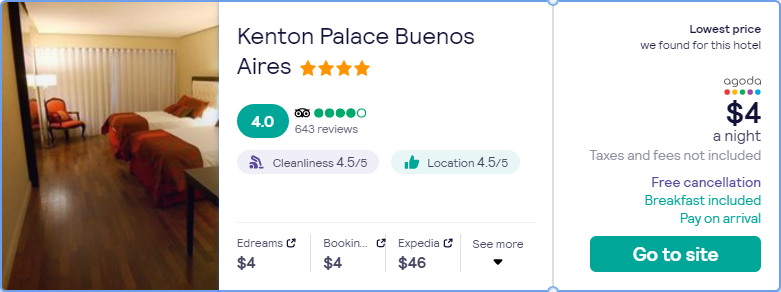 Stay at the 4* Kenton Palace Buenos Aires in Buenos Aires, Argentina for only $4 USD per night. Flight deal ticket image.
